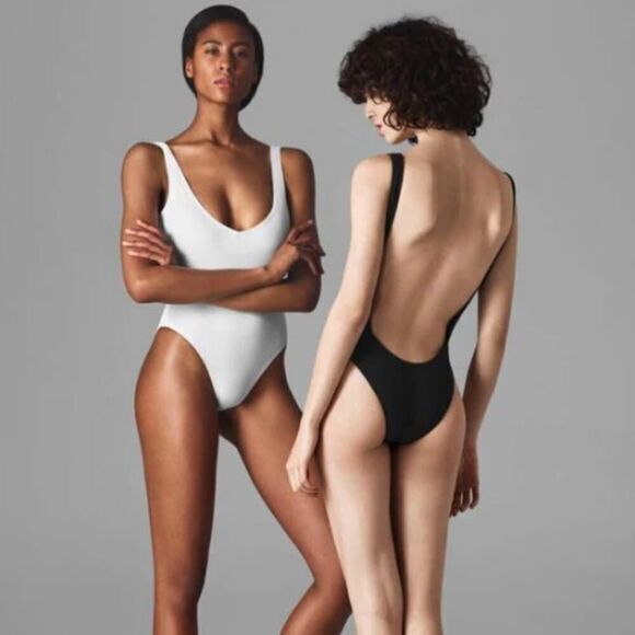 NEW Allsisters isometric one piece plunge open back swimsuit white, size L - Picture 3 of 14